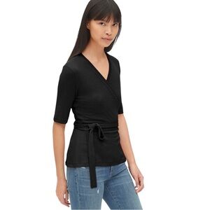 Gap Black Softspun Short Sleeve Tie-Waist Wrap Top Size Small